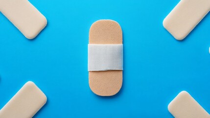 A central adhesive bandage on a blue background, surrounded by more bandages, emphasizing themes of healing and care.