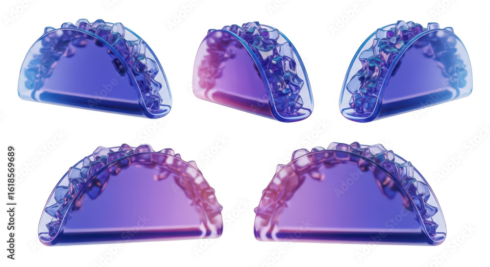 Poster five transparent glowing taco shells with filling rotating on white background suitable for food-rel