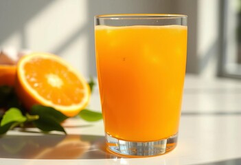 Glass of fresh orange juice, pulp visible, sunlight on surface,  healthy,  cold