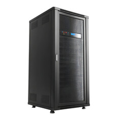 Black server rack with mesh door and digital display cabinet enclosure, Isolated On White, Png Transparent, Cut Out