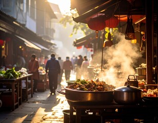 Steaming food at a bustling Asian street market bathed in golden sunlight