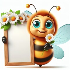 Happy bee with a flower, illustration on a white background
