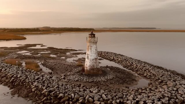 Low aerial flyby of the ruins of the Cockspur Lighthouse hear Tybee Island, Georgia, USA at sunset.