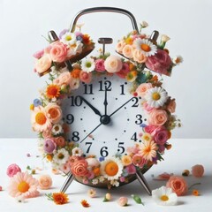 Original vintage alarm clock with flowers on a white background