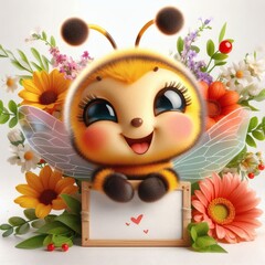 Happy bee with a flower, illustration on a white background