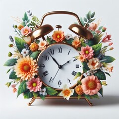 Original vintage alarm clock with flowers on a white background
