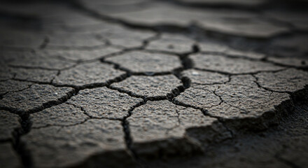 Obraz premium Close-up of parched earth with deep cracks, showcasing the texture and pattern of dry, cracked soil in a desolate landscape.