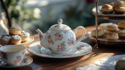 Floral tea set and pastries