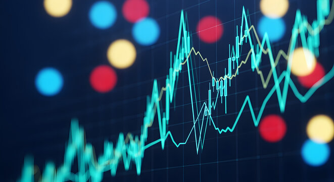 Uptrending Financial Graph with Green and Yellow Lines on Blurred Bokeh Circles on a Navy Blue Backdrop