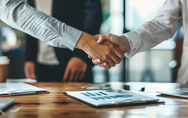 A scene in a business setting where two people shake hands, with data charts spread out on the table. It is suitable for corporate business cooperation, brochures, and workplace training materials.