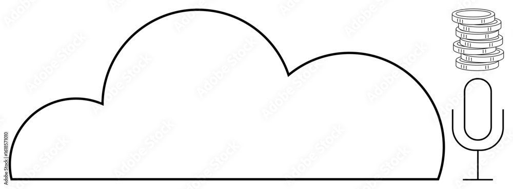 Poster large cloud outline with a vertical microphone and stacked disk shapes. ideal for technology, data s