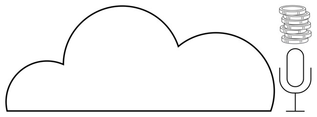 Large cloud outline with a vertical microphone and stacked disk shapes. Ideal for technology, data storage, communication, AI systems, voice recognition, cloud computing, simple flat metaphor
