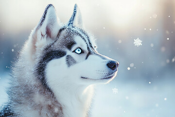 Naklejka premium Close-up of Siberian husky dog with blue eyes and snowy fur outdoors in winter forest setting, generative ai image