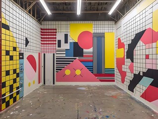 Vibrant abstract mural transforms industrial space with bold geometric shapes and colors.