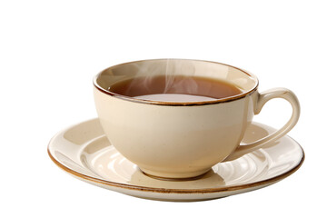 A rustic beige ceramic tea cup filled with hot, steaming black tea, elegantly placed on a matching saucer and isolated on a clean white background.
