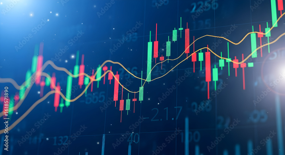 Poster vibrant candlestick stock market chart display with red and green indicators on deep blue background