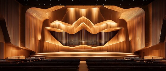 Luxurious modern stage with warm wooden accents and dramatic lighting