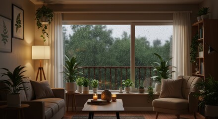 Obraz premium Cozy living room with rainy day view