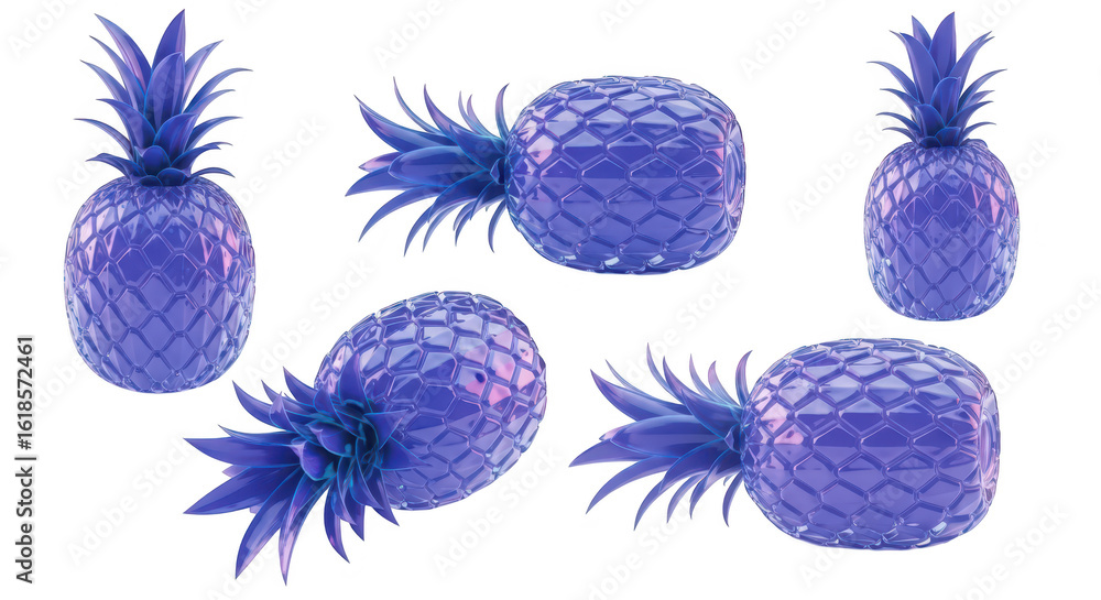 Poster glossy blue pineapples in multiple angles on a white background showcasing their texture and color f