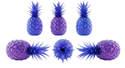 Colorful pineapples arranged artistically on a white surface showcasing various perspectives for creative or advertising usage