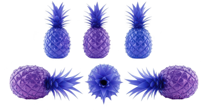 Colorful pineapples arranged artistically on a white surface showcasing various perspectives for creative or advertising usage