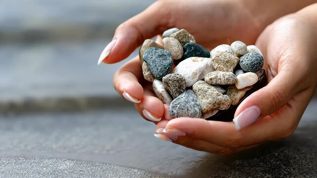 Creating a heart shape with assorted stones held gently in hands, showcasing love for nature and creativity in a tranquil setting