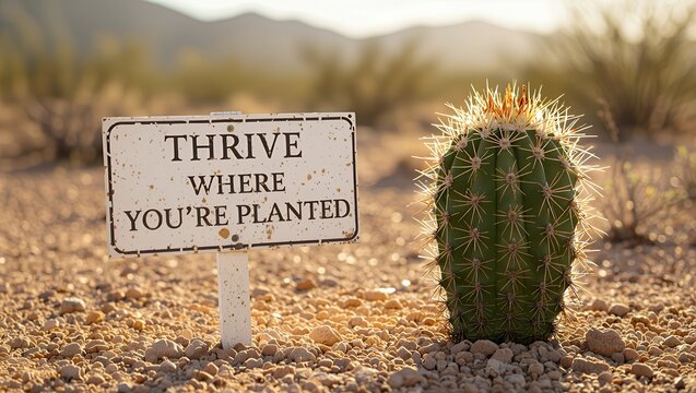 Thrive where you're planted inspirational desert cactus sign with warm golden hour sunlight - Powered by Adobe
