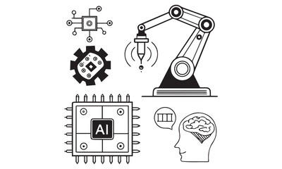 AI and Robotics Line Icons – Vector Illustrations of Artificial Intelligence & Automation

