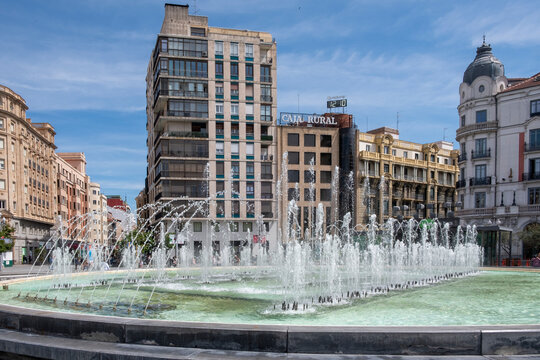 Valladolid, Valladolid, Spain - May 17, 2025: Clock Fountain, in Jose Zorrilla Square