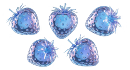 Translucent blue strawberries float against a white background created for advertising or conceptual food art