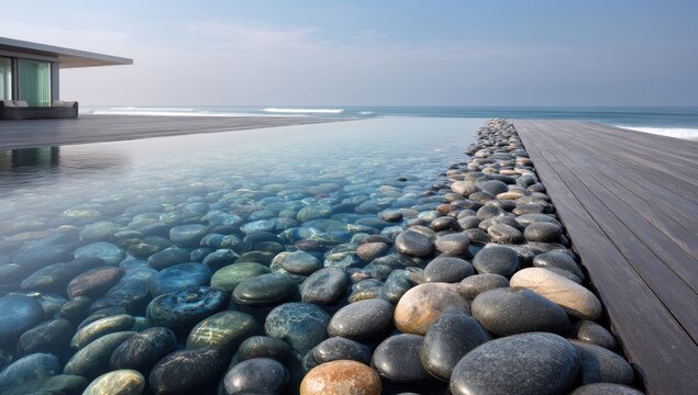 Coastal infinity pool with smooth stones