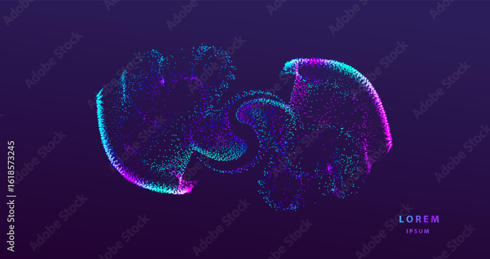 Poster technology artificial intelligence particles banner. dots dust ai big data stream blurred waves neon