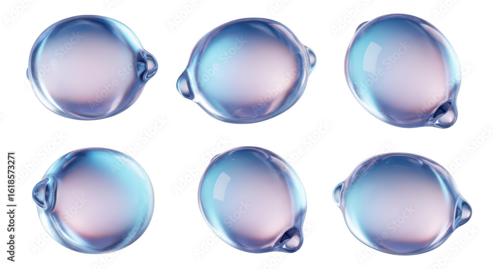 Poster water droplets in various positions isolated on white backdrop demonstrating the form and texture fo