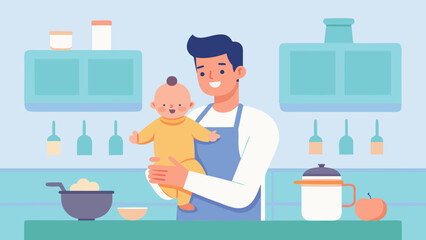 Smiling father holding baby in kitchen while cooking with utensils and food on counter
