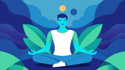 Man meditating in lotus pose surrounded by nature with abstract leaves and calm background