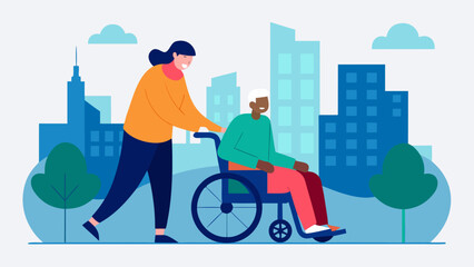 Woman helping elderly man in wheelchair outdoors in city park with urban buildings in background