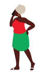 African Woman talking on the phone - Diverse Character Using Smartphone – Scarf and golden earrings - Modern Flat Vector SVG Illustration for Digital, editorial and Tech Concepts