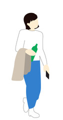 Young white Woman walking - Carrying reusable bottle -SVG Character Using Smartphone – Modern Flat Vector Illustration for Digital, editorial and Tech Concepts