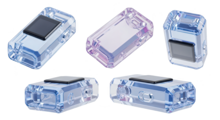 Translucent medical devices displayed on a white background showcasing various angles of the product for healthcare applications