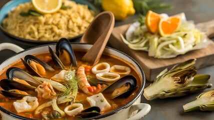 A hearty seafood soup with mussels, squid, and shrimp on the table