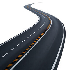 Curving asphalt road with lane markings isolated on transparent background