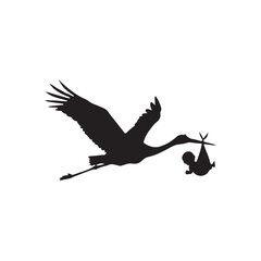 Silhouette of Stork flying with baby vector flat illustration design on white background