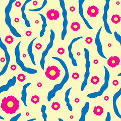 Bright seamless floral pattern with pink and red flowers on cream background, decorative abstract curves for fabric, print, and wrapping paper.