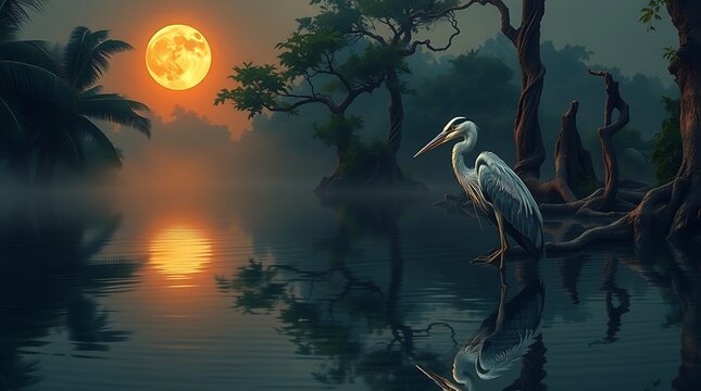 A majestic heron stands silhouetted against a vibrant orange full moon reflecting on a calm misty lake at dusk creating a serene and atmospheric natural scene