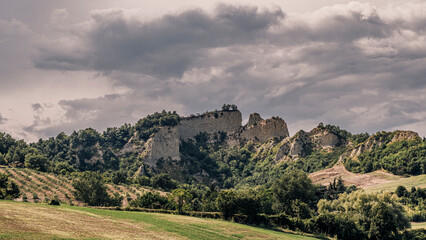 Eroded large outcrop of sandstone near Bologna, in the municipality of Sasso Marconi, Metropolitan City of Bologna, Emilia-Romagna, Italy
