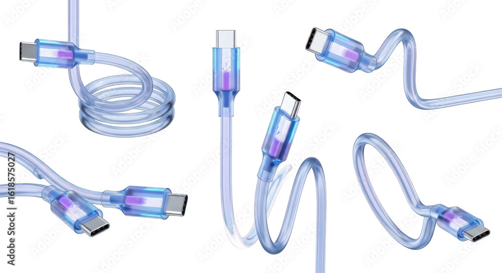 Poster transparent usb-c cables floating in mid-air on a white background for tech design and electronics c