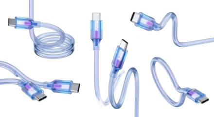 Transparent USB-C cables floating in mid-air on a white background for tech design and electronics concepts