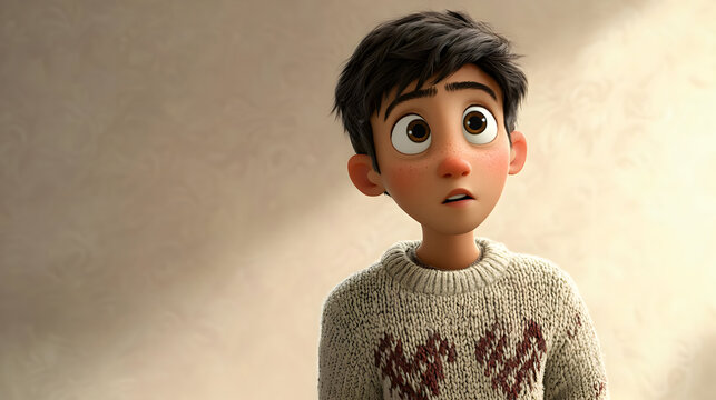 Animated Boy In Casual Outfit With Curious Expression On Beige Background