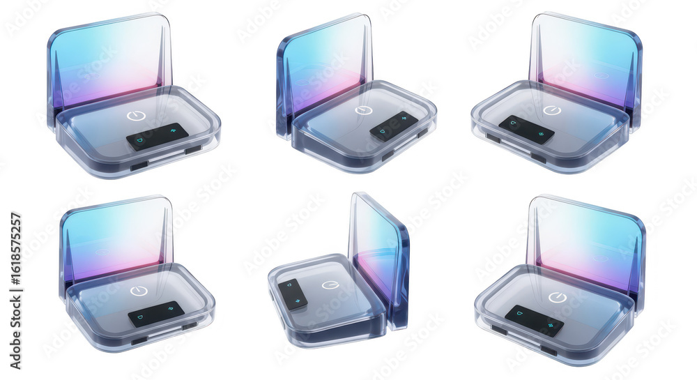 Poster futuristic digital device showcases multiple angles against a white backdrop highlighting its intera