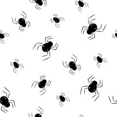 Vector cute halloween spider seamless pattern. Black spiders on white background. Illustration for fabric; packaging; paper; wallpaper; print